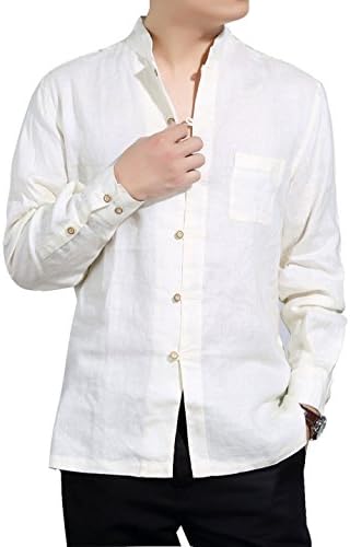 Qiuse Men's Linen Mandarin Collar Roll-Up Sleeves Hidden Buttoned Shirt (X-Large, Beige2)