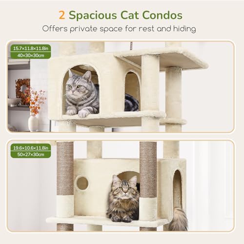 Globlazer Beige Cat Tree Large 188 cm Height with 2 Kennels, Large Padded Platform, Soft Basket, Plush Toys, Solid Cat Trees for 3-4 Adult Cats Rest Game Scratching (F74B, Beige)