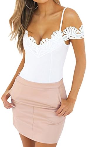 SUBWELL Women's Spaghetti Strap V Neck Floral Lace Bodysuit Jumpsuits Clubwear Tops (Large, White)