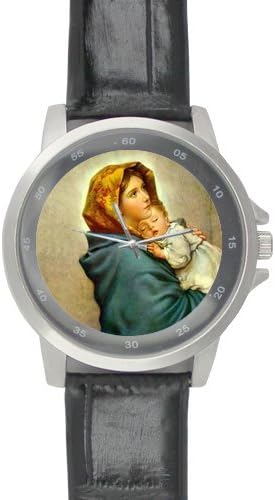 Catholic Christian Religious Gifts Virgin Mary With Baby Jesus Christ Unisex Leather Strap Watch