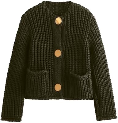 Wyeysyt Womens Cropped Cardigan Sweaters Chunky Knit Gold Button