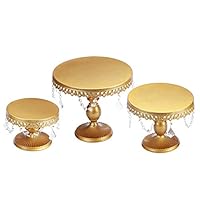 VILAVITA 3-Set Cake Stands Round Cupcake Stands Dessert Display Stand with Pendants and Beads, Gold