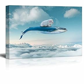 Funny Flying Animals Canvas Wall Art - A Little Pig Flying with a Whale Above The Clouds - Gallery Wrap Nursery Wall Decoration/Kids