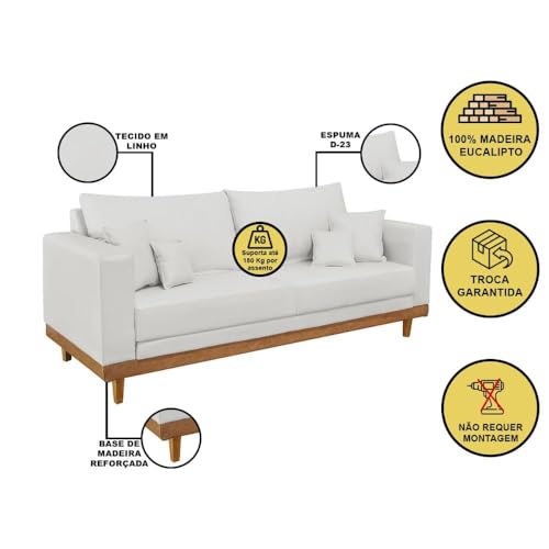 Sofá Living 3 Lugares Linho Reforçado + Almofadas Recepção Sala - Balaqui Decor Cor:bege
