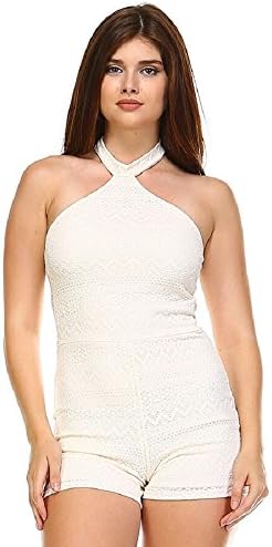 Aly-Rose Women's Halter Neck Lace Bodycon Fitted Earth Angel Romper (Small, Cream)