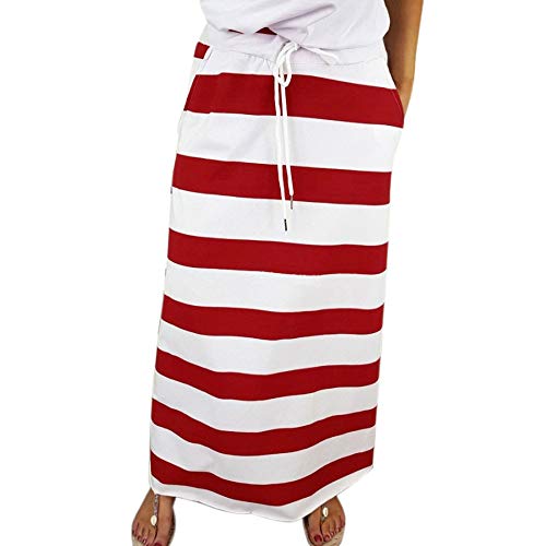 Clearance! Elogoog Womens Casual Elastic Waist Stripe Skirt Stretch Hight Waist Stripe Maxi Long Skirts with Pockets (L, Red) - Thumbnail 5