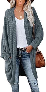 MEROKEETY Women's Waffle Knit Batwing Long Sleeve Cardigan Loose Open Front Sweater 