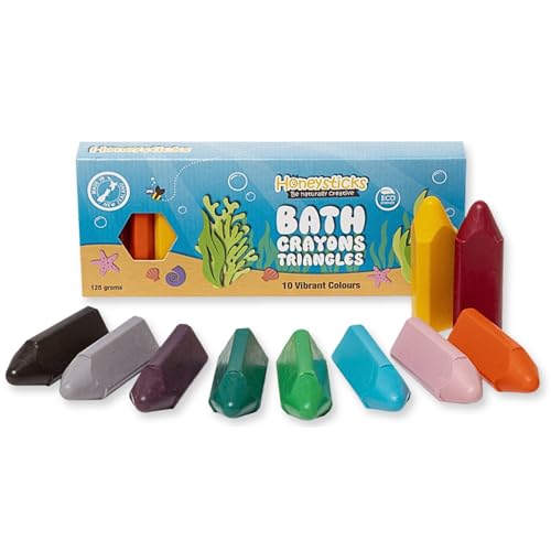 Honeysticks Triangle Bath Crayons Non Toxic (10 Pk) for Toddlers 1-3 and Kids 4-8, Natural Beeswax Crayons, Food-Grade Colors, Fragrance Free, Easy Grip Triangular Shape, Bath Toys for Bathtub, Shower