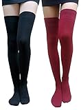AM Landen Cotton Thigh Highs Socks Over Knee Socks Leg Warmer(Black+Burgundy, XL-Wide)