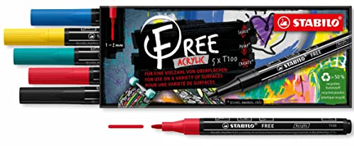 - Acrylmarker - FREE Acrylic - T100 Rundspitze 1-2mm - Royal - 5er Pack - mit 5 verschiedenen Farben
