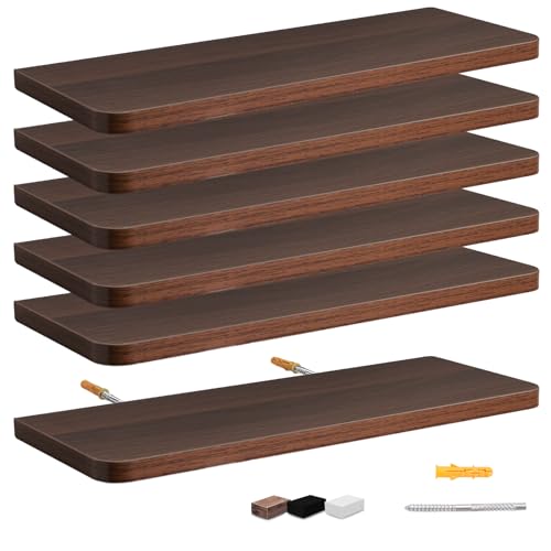 OSLIFE Set de 6 Repisas Flotantes de Madera,Estante Flotante Minimalistas Pantalla Colgante Decorativa,Soportan hasta 10 kg,para Decoración de Decorar tu Cocina,Sala,Baño,Cuarto (Marrón, (40 x 15cm))