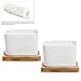 Set of 2 Decorative Small White Square Ceramic Succulent Plant Pot w/Bamboo Draining Tray - MyGift
