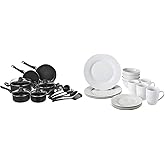 �鶹�� Basics 15-Piece Non-Stick Kitchen Cookware Set and 16-Piece Dinnerware Set | Pots, Pans, and Utensils