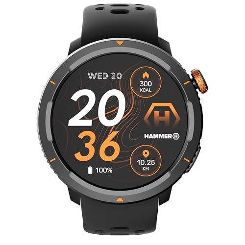 Hammer Smartwatch 2 Lite, Amoled 1,43-Zoll-Bildschirm, Always-on-Display-Funktion, 370-mah-Akku für bis zu 15 Tage mit Einer einzigen Ladung, 3 ATM-Wasserdichtigkeit, Bluetooth und SOS-Taste
