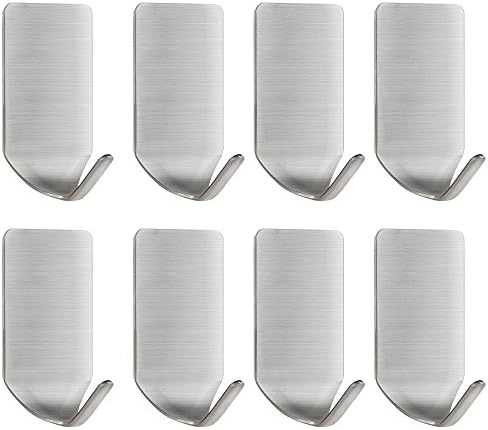 HQSHOP Adhesive Hooks, 3M Strong Wall Hooks Stainless Steel Coat Robe Towel Rail Wall Hangers for Bathroom Kitchen（Pack of 8）