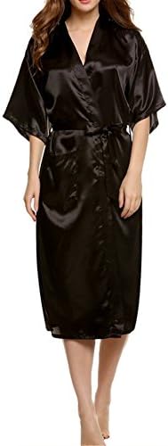 Women's Kimono Robes Solid Color Silk Satin Long Nightgown Sleepwear Black XXXL