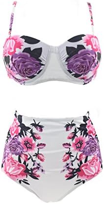 NEW OCEAN Peony Halter High Waist Retro Bikini Swimsuit Swimwear (L, White)