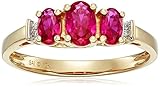 10k Yellow Gold July Birthstone 3-Stone Created Ruby with Diamond-Accent Ring, Size 8