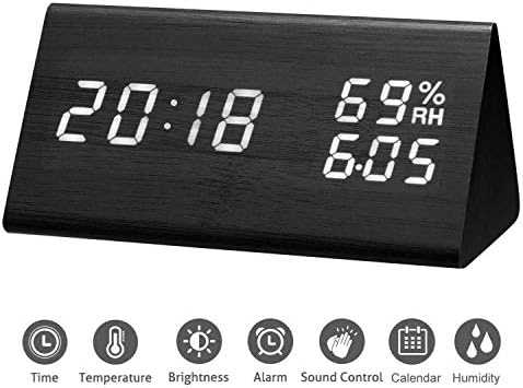 Mucjun Wooden LED Digital Alarm Clock Bedside Desk Alarm Clock with Temperature Humidity Time Display,Sound Control, 3 Levels Adjustable Brightness, 3 Alarms Sets,Dual Powered for Home and Office
