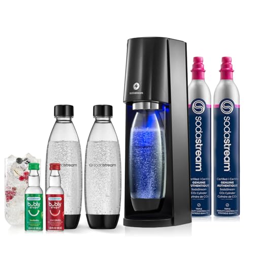 SodaStream - E-TERRA Soda Maker | VALUE BUNDLE | 3 Automatic Carbonation Levels | Includes 2x CO2 Cylinders, 3x 32 Fl Oz Dishwasher Safe Bottles, 2x Bubly Fruit Flavor Drops, 1x Power Adapter | Black Image