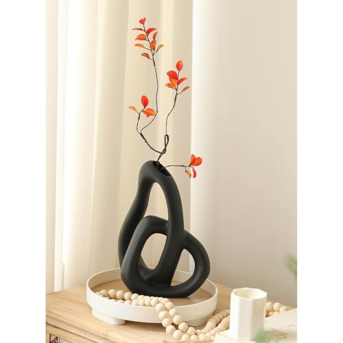 LBOYLOVE® Modern Black Ceramic Flower Vase, 9 Inch Abstract Ceramic Vase for Home Decor Aesthetic, Boho Decorative for Bouquet Pampas Grass, Living Room Bedroom Kitchen Maximalist Decor (Black)