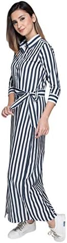 ITRRA Women's Cotton Striped Collared Knotted Buttoned Down Full Length Maxi Shirt Dress(Blue and White)