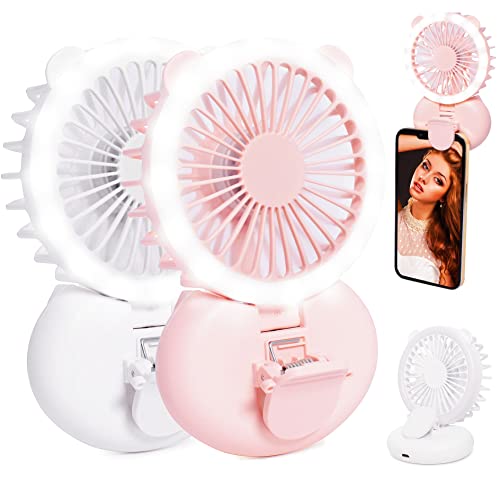 2 Pack Handheld Mini Fan with Selfie Ring Light, Portable USB Rechargeable Small Pocket Fan, 3 Speed Battery Operated Clip on Fan Folding for Desktop, Flashlight Personal Fan for Women Travel Outdoor