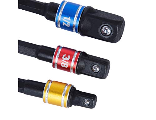 Impact Grade Socket Adapter/Extension Set Turns Power Drill Into High Speed Nut Driver,3Pcs 1/4" 3/8" 1/2" Bits Cr-V Hex Shank,for Cordless Drills Ratchet Extension,Universal Socket Wrench Adapter Set