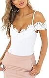 Angashion Women's Spaghetti Strap Floral Lace Jumpsuit Romper Bodysuit,White,US 2/Tag S