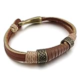 INBLUE Men's Alloy Genuine Leather Bracelet Bangle Rope Brown Gold Tone Tribal
