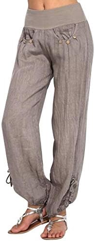 Mnyycxen Womens Casual Loose Plus Size Elastic Waist Cotton Trouser Cropped Wide Leg Pants