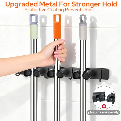 Alyvisun Broom and Mop Hanger 3 Slots and 4 Hooks, Broom Holder Wall, Broom Holder Wall for Bathroom, Home, Garage and Garden Brushes – Black