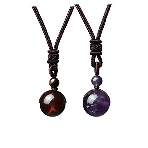JOVIVI 2pcs Healing Crystals Necklace Natural Tiger Eye Amethyst Lucky Blessing Protection Chakra Beads Stone Pendant for Women Men Adjustable