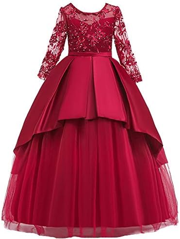 Chowsir Girls Sweet Flower Pageant Ball Gown Formal Wedding Evening Princess Long Dress with Tulle Sleeve 5~14 Years