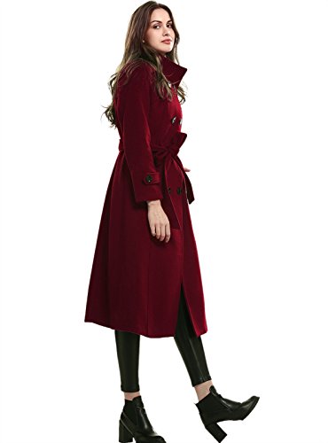 Escalier Women's Double-Breasted Trench Coat Wool Jacket with Belt Wine XL - Thumbnail 3