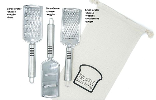 Set of 3 Professional Stainless Steel Zester-Graters for Cheese, Vegetables, Citrus & Chocolate, with Fabric Bag - Coarse, Fine & Mandolin/Slicer - Thumbnail 7