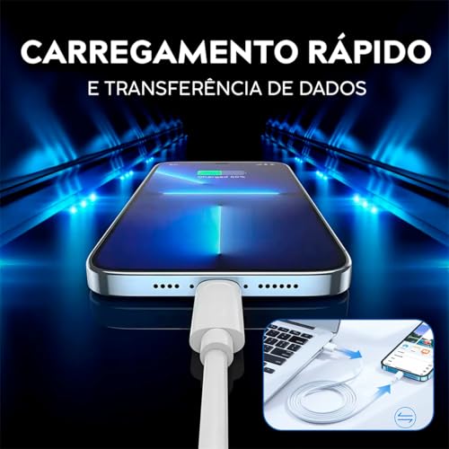 Cabo para Carregador Turbo, Compativel c/iPhone 6 7 8 X Xs 11 Se 12 Xr 13 14 Pro Max, Branco, Entrada USB, Reforçado, 1 Metro, Carregamento Rápido e Transferência de Dados