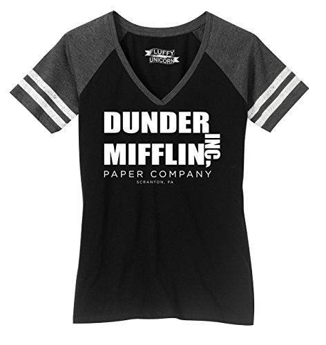 Ladies Game V-Neck Tee Dunder Mifflin A Paper Company Funny TV Show Shirt Black/Heathered Charcoal L