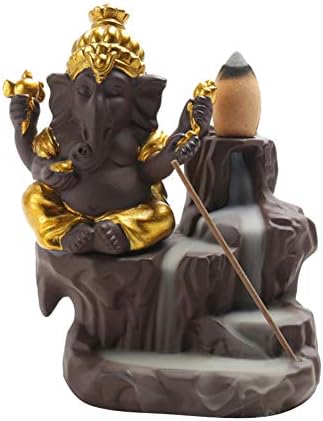 ShuangChuang Ceramic Ganesha Buddha Backflow Incense Burner Handmade Figurine Elephant God Statue with 50 Incense Cones