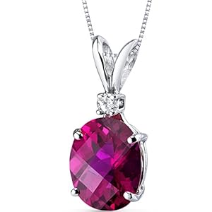 Peora Created Ruby with Genuine Diamond Pendant in 14K White Gold, Elegant Solitaire, Oval Shape, 10x8mm, 3.50 Carats…