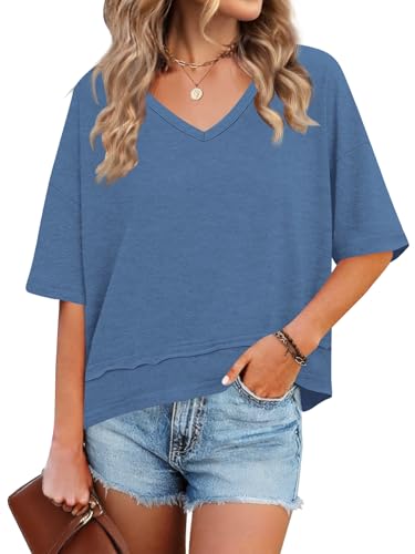 Womens Summer Tops V Neck Cute Loose Fit T Shirts Trendy Flowy Basic Tees at Amazon