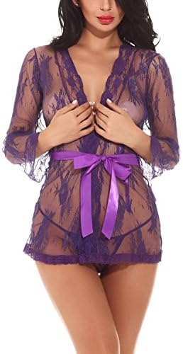 LeaLac Womens Summer Sexy Lace Kimono Robe Lingerie Mesh Nightgown Sheer Nightwear