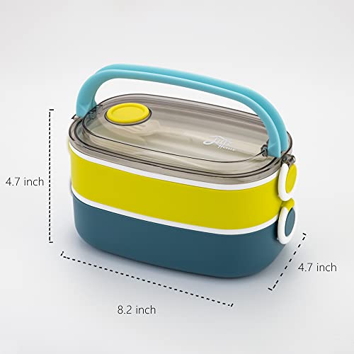 Lille Home 2-Tier Stackable Plastic Leakproof Microwavable Bento Lunch Box/Jumbo Size Food Container with Cutlery Set, BPA Free, 54oz (Blue)