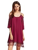 Milumia Women's Summer Cold Shoulder Crochet Lace Sleeve Loose Beach Dress Burgundy M