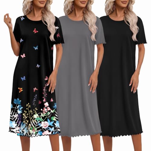 Ekouaer 3 Pack Long Nightgowns for Women Ruffle House Dress at Amazon