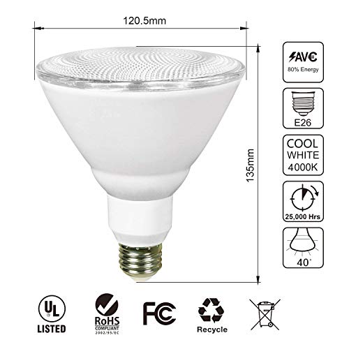 JULLISON 4 Packs PAR38 LED Bulb, 120V/13W/980Lumens/40 Degrees Beam, 90W Equivalent, 4000K Cool White, CRI80, Dimmable, Glass Lens, Outdoor Flood, E26 Base, UL - Thumbnail 3