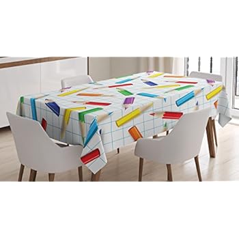 Ambesonne Children Tablecloth by, Colorful Pencils on Checkered Board Kids School Education Creativity Art Image, Dining Room Kitchen Rectangular Table Cover, 52W X 70L Inches, Multicolor