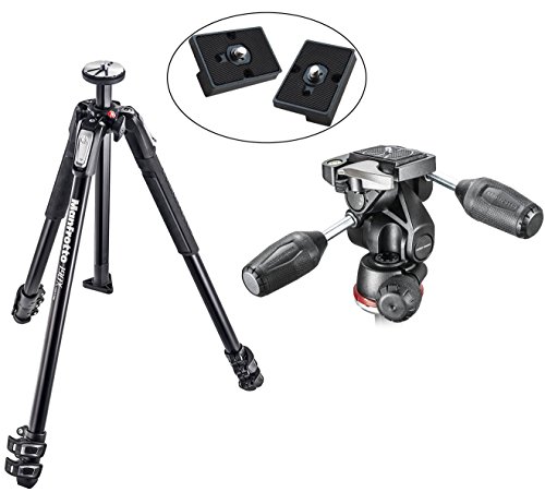 Manfrotto MT190X3 3 Section Aluminum Tripod with MH804-3W 3-Way Pan Tilt Head with Two Replacement Quick Release Plates for the RC2 Rapid Connect Adapter