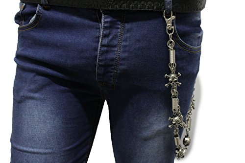 TFJ Men Wallet Silver Metal Chain Keychain Skeleton Skull Charm Pirate Bones