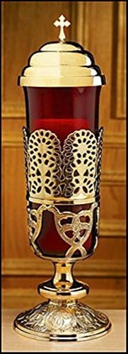 Brass Ornate Sanctuary Lamp with Ruby Glass Globe, 13 Inch
